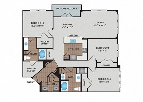 Floor plan for 3 beds, 2 baths, 1513 sqft